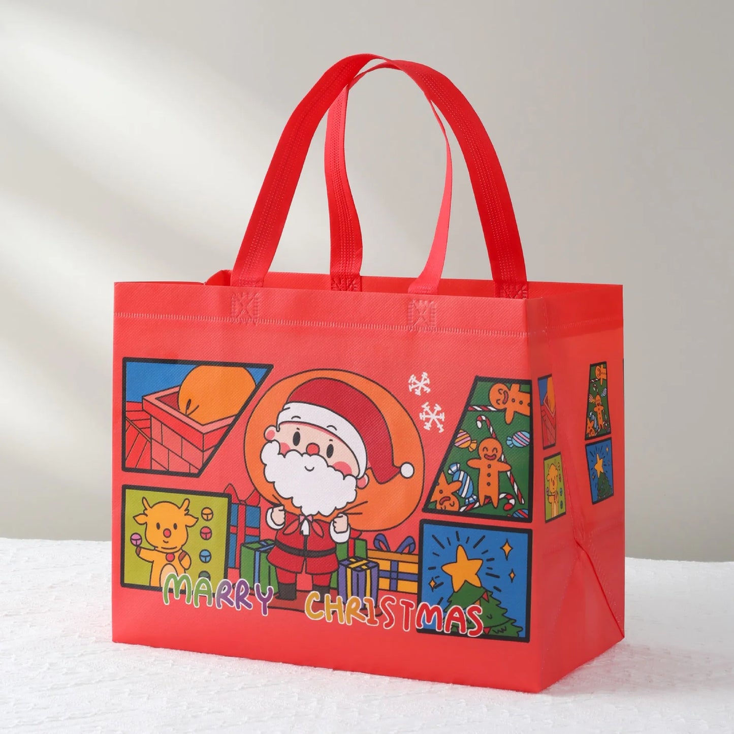 Large Merry Christmas Gift Bag – Non-Woven Tote with Santa & Snowman Design