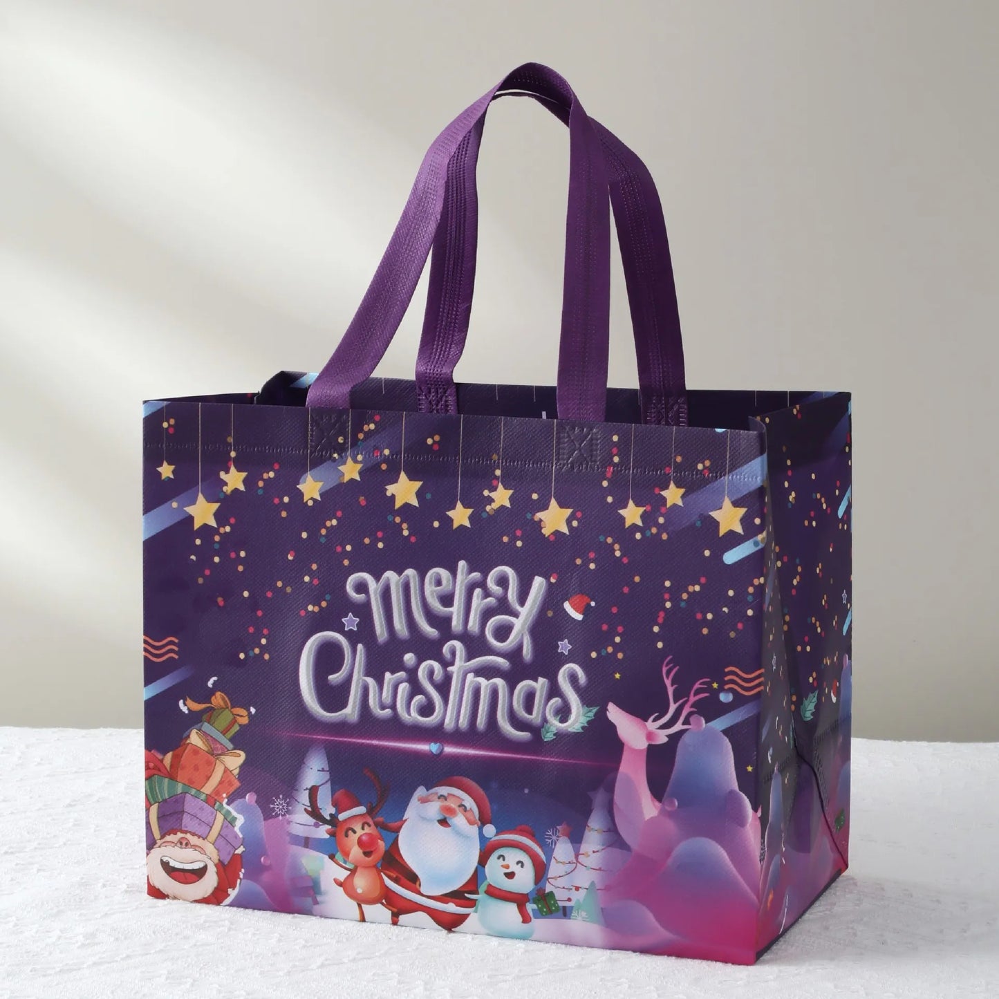 Large Merry Christmas Gift Bag – Non-Woven Tote with Santa & Snowman Design