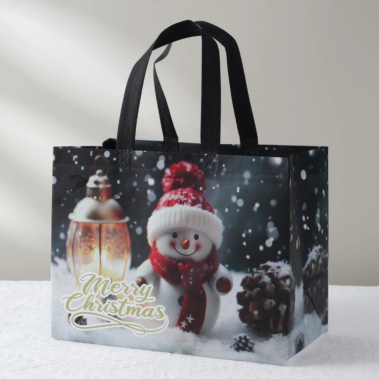 Large Merry Christmas Gift Bag – Non-Woven Tote with Santa & Snowman Design