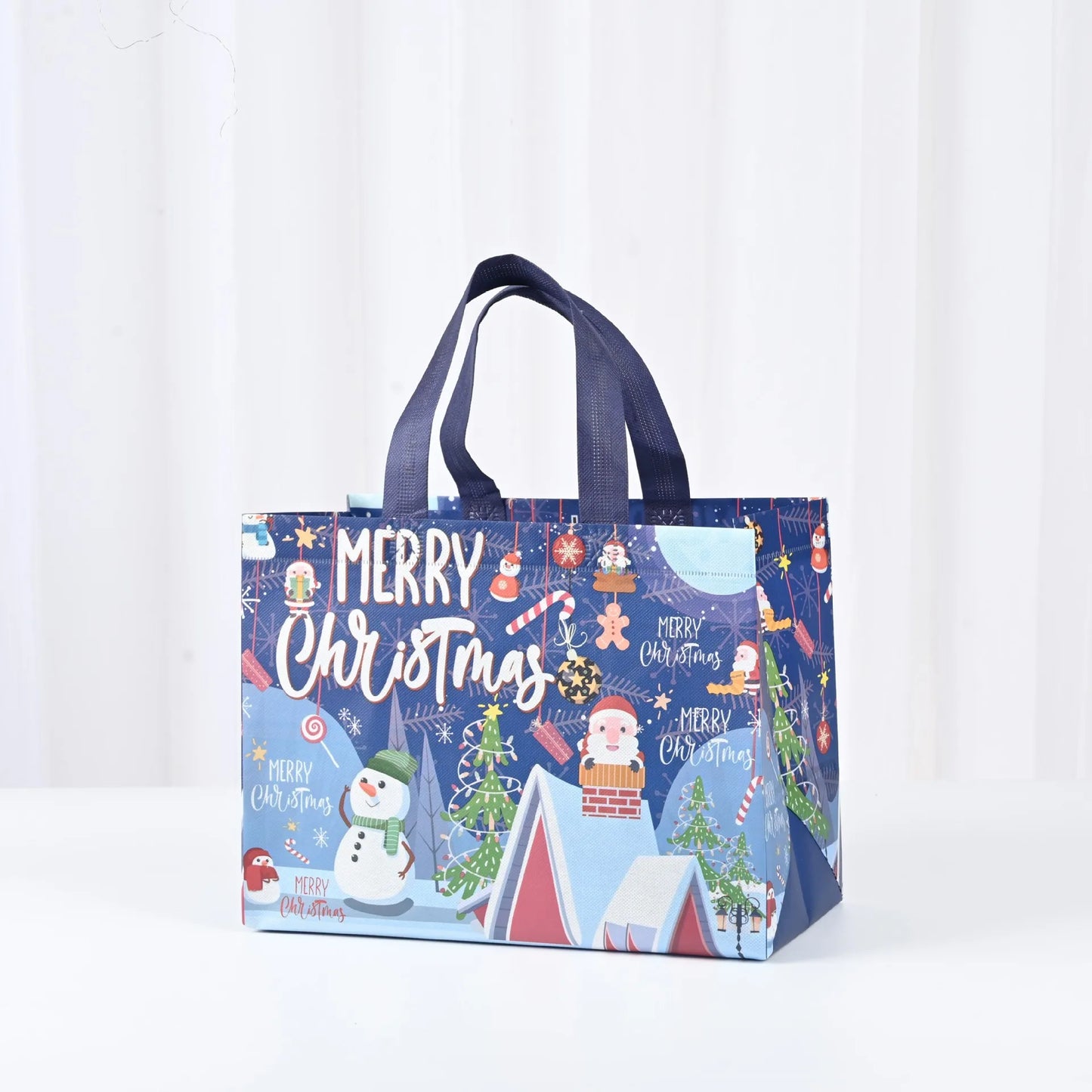Large Merry Christmas Gift Bag – Non-Woven Tote with Santa & Snowman Design